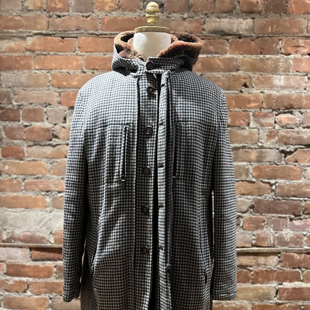 ETRO Milano Wool Blend Houndstooth Coat with Shearling Hood